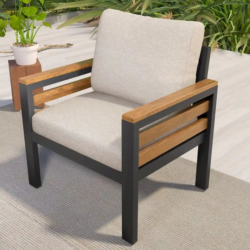 Ensemble de canapé d'angle d'extérieur 4 pièces, mobilier de jardin résistant aux intempéries avec coussins et table basse en bois massif