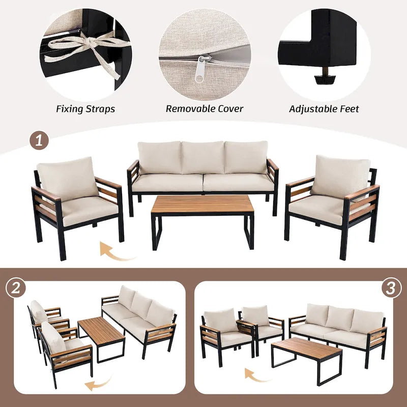 Ensemble de canapé d'angle d'extérieur 4 pièces, mobilier de jardin résistant aux intempéries avec coussins et table basse en bois massif
