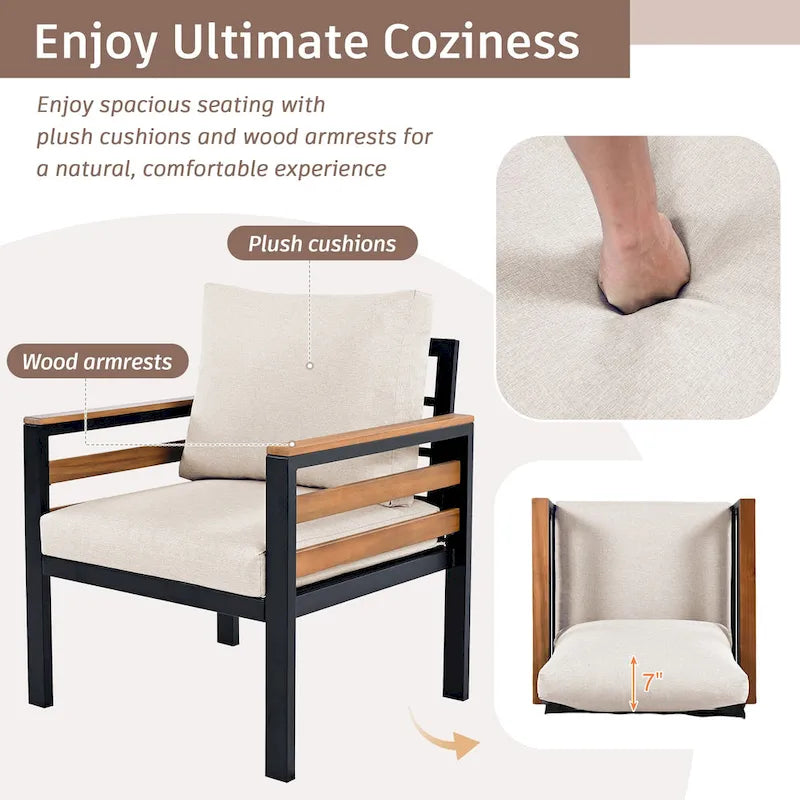 Ensemble de canapé d'angle d'extérieur 4 pièces, mobilier de jardin résistant aux intempéries avec coussins et table basse en bois massif