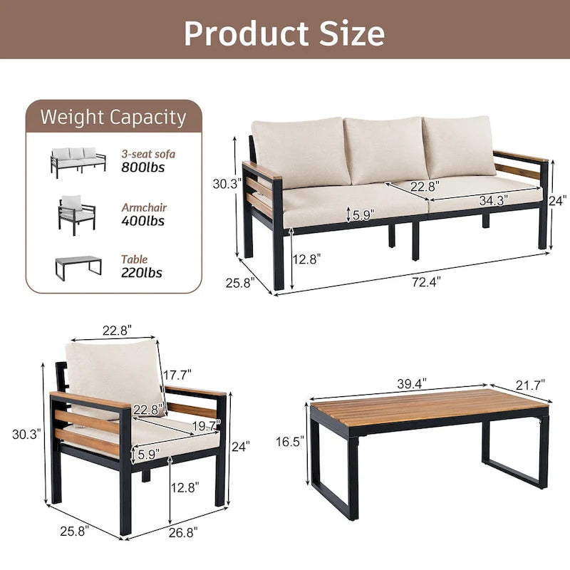 Ensemble de canapé d'angle d'extérieur 4 pièces, mobilier de jardin résistant aux intempéries avec coussins et table basse en bois massif