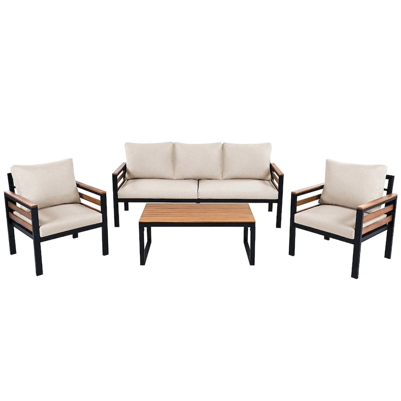 Ensemble de canapé d'angle d'extérieur 4 pièces, mobilier de jardin résistant aux intempéries avec coussins et table basse en bois massif