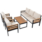 Ensemble de canapé d'angle d'extérieur 4 pièces, mobilier de jardin résistant aux intempéries avec coussins et table basse en bois massif