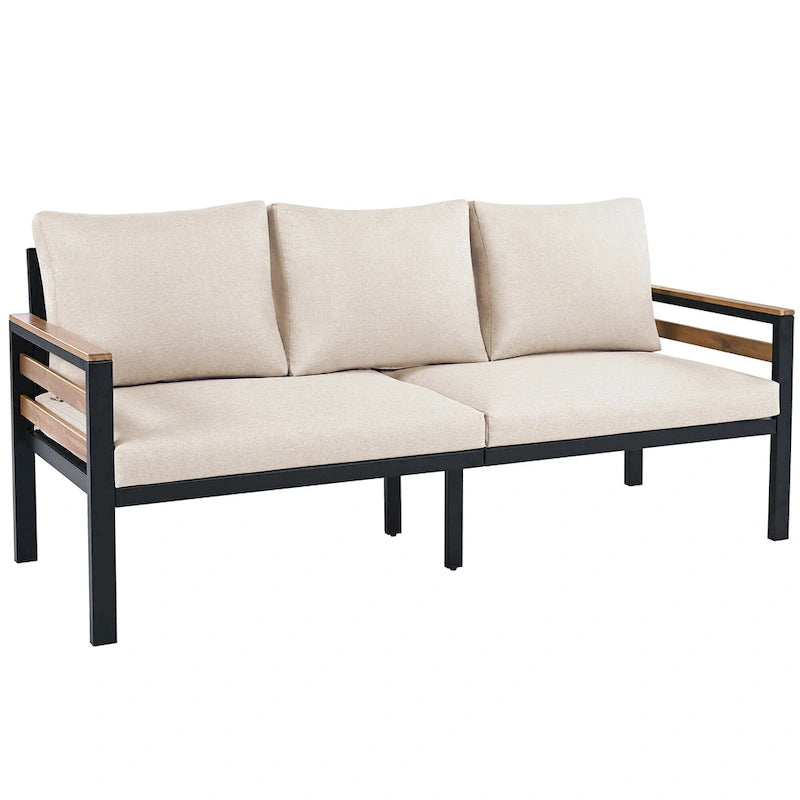 Ensemble de canapé d'angle d'extérieur 4 pièces, mobilier de jardin résistant aux intempéries avec coussins et table basse en bois massif