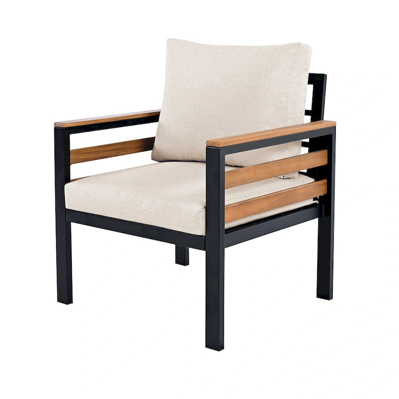 Ensemble de canapé d'angle d'extérieur 4 pièces, mobilier de jardin résistant aux intempéries avec coussins et table basse en bois massif
