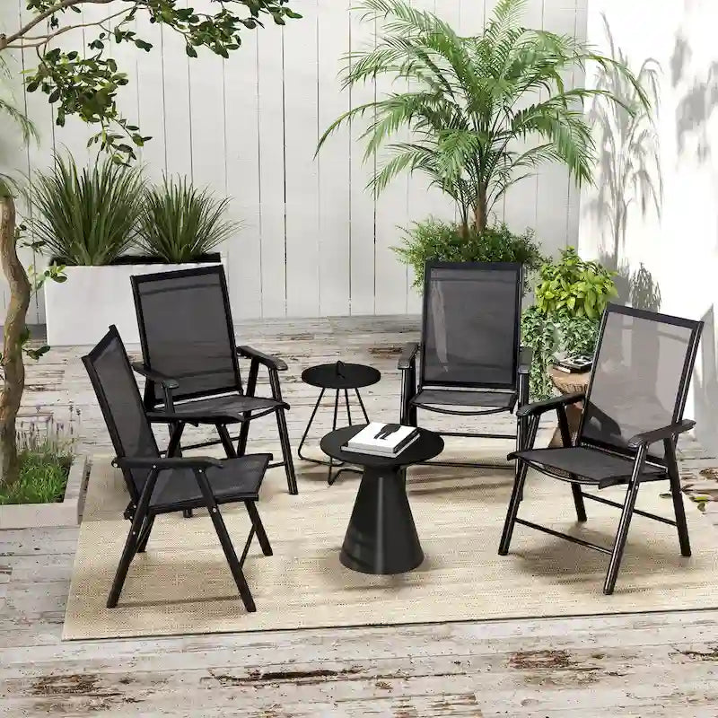 Ensemble de 4 chaises de jardin pliantes d'extérieur - Chaises de patio portables avec accoudoirs et tissu en maille pour le camping, la plage et le jardin