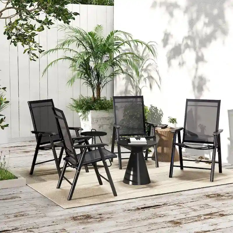Ensemble de 4 chaises de jardin pliantes d'extérieur - Chaises de patio portables avec accoudoirs et tissu en maille pour le camping, la plage et le jardin