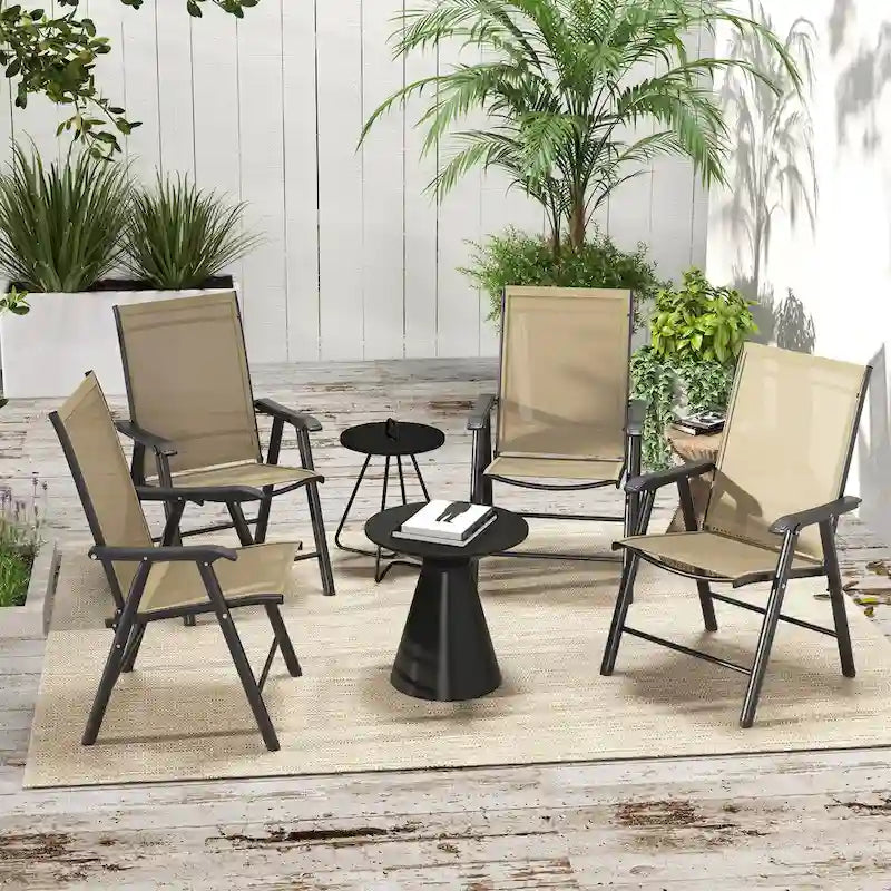 Ensemble de 4 chaises de jardin pliantes d'extérieur - Chaises de patio portables avec accoudoirs et tissu en maille pour le camping, la plage et le jardin