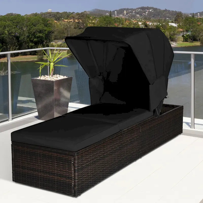 Chaise longue de jardin en rotin Gymax avec auvent réglable noir