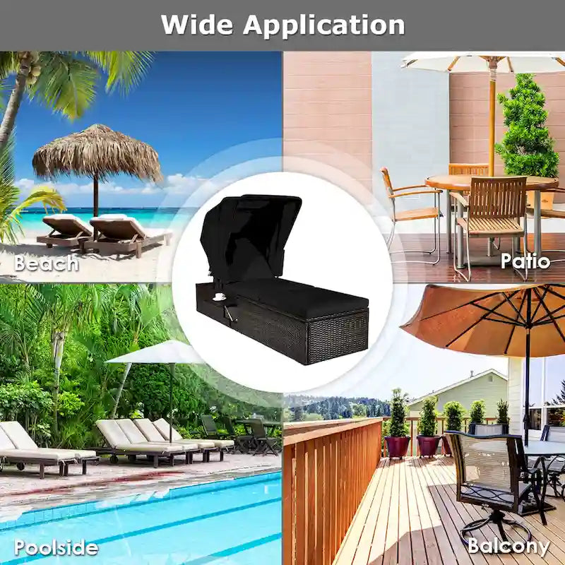 Chaise longue de jardin en rotin Gymax avec auvent réglable noir
