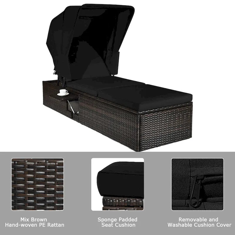 Chaise longue de jardin en rotin Gymax avec auvent réglable noir