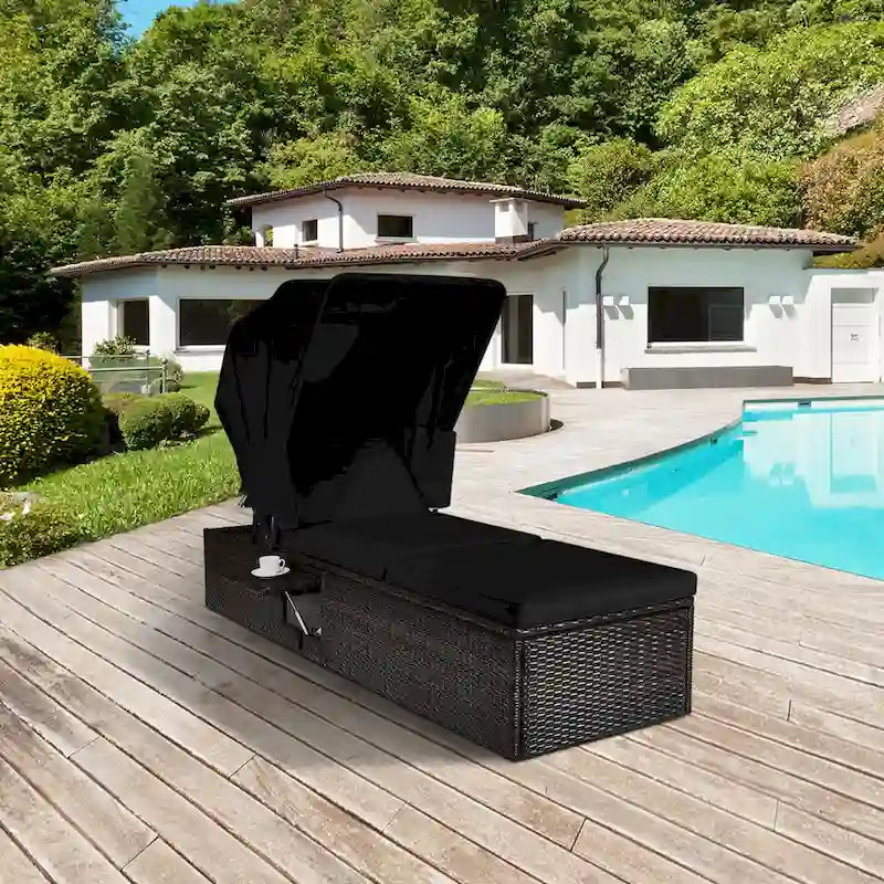Chaise longue de jardin en rotin Gymax avec auvent réglable noir