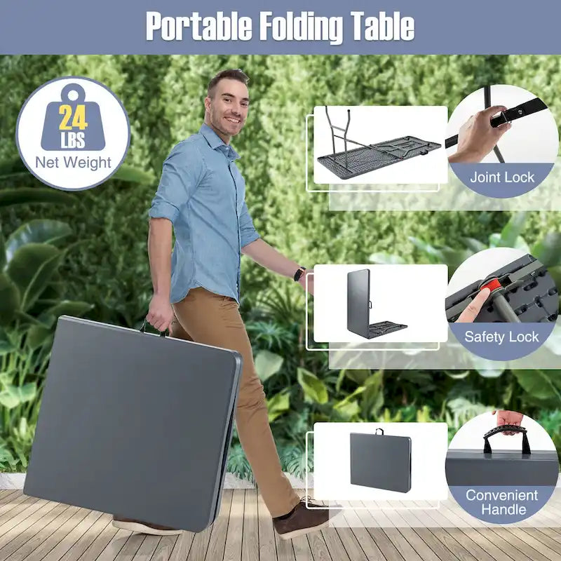 Table pliante portable Gymax de 1,83 m avec plateau en PEHD et mécanisme de verrouillage sécurisé