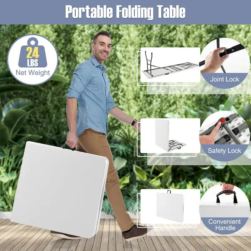 Table pliante portable Gymax de 1,83 m avec plateau en PEHD et mécanisme de verrouillage sécurisé