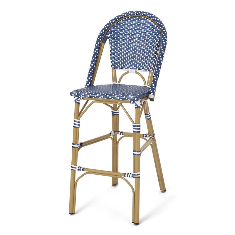 Ensemble de 2 tabourets de bar d'extérieur Meso, en osier tressé blanc et bleu, marron
