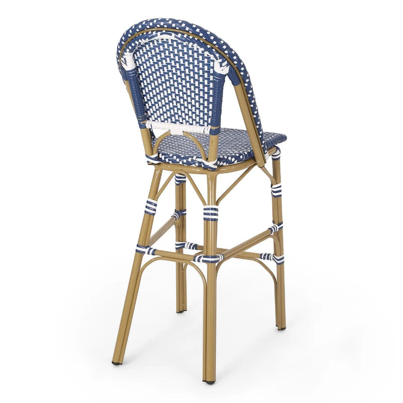 Ensemble de 2 tabourets de bar d'extérieur Meso, en osier tressé blanc et bleu, marron