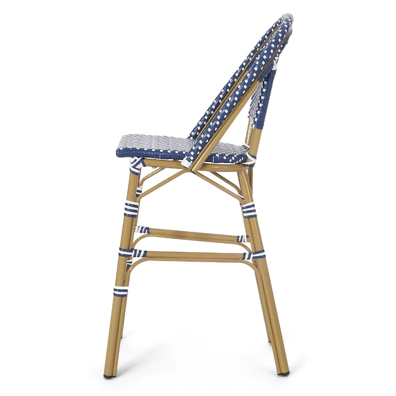 Ensemble de 2 tabourets de bar d'extérieur Meso, en osier tressé blanc et bleu, marron