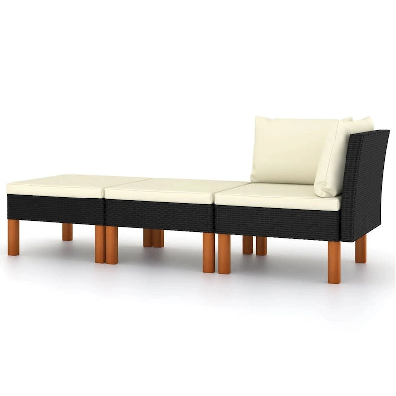 Ensemble de canapé d'angle modulaire d'extérieur 3 pièces, rotin synthétique noir et polyester ivoire