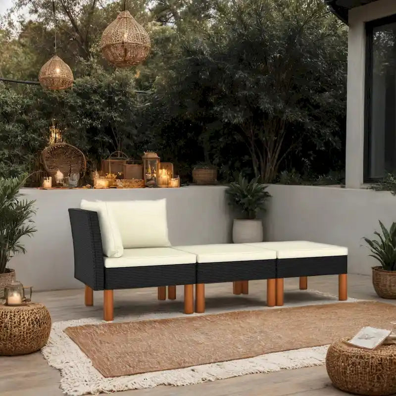 Ensemble de canapé d'angle modulaire d'extérieur 3 pièces, rotin synthétique noir et polyester ivoire