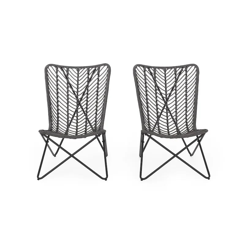 Lymi Outdoor Accent Chair Set of 2, Rattan Woven, Gray Geometric Base