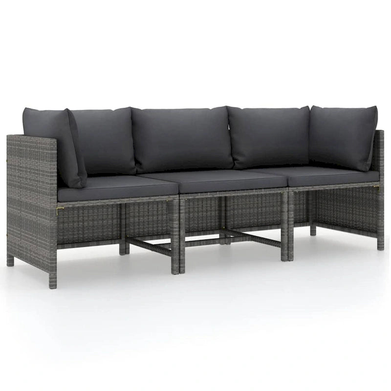 Ensemble de canapé d'extérieur modulaire 3 pièces Ley, polyester gris foncé, rotin synthétique