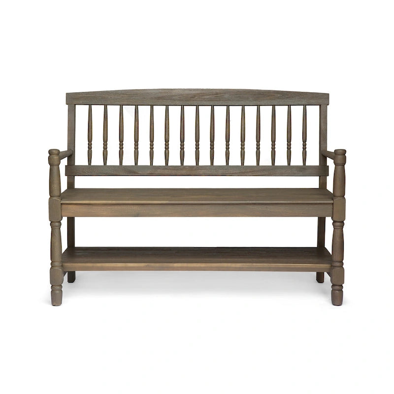 Banc d'extérieur Ikra, étagère intégrée, 130 cm, bois d'acacia gris sculpté