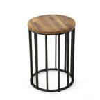 Table d'appoint d'extérieur, plateau rond de 38 cm en bois brun, structure en fer noir