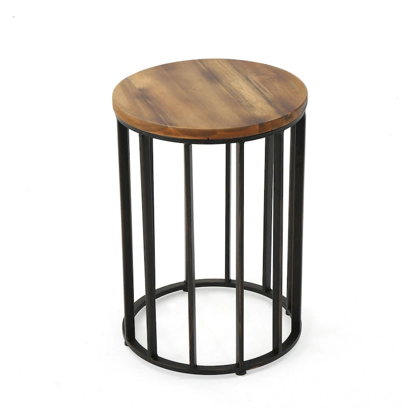Table d'appoint d'extérieur, plateau rond de 38 cm en bois brun, structure en fer noir