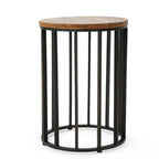 Table d'appoint d'extérieur, plateau rond de 38 cm en bois brun, structure en fer noir
