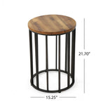 Table d'appoint d'extérieur, plateau rond de 38 cm en bois brun, structure en fer noir