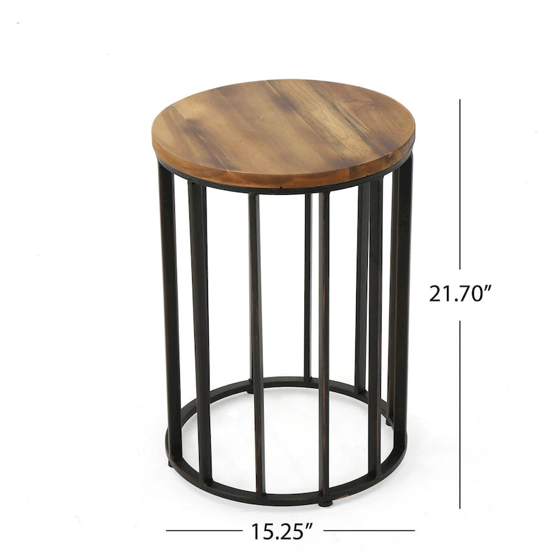 Table d'appoint d'extérieur, plateau rond de 38 cm en bois brun, structure en fer noir