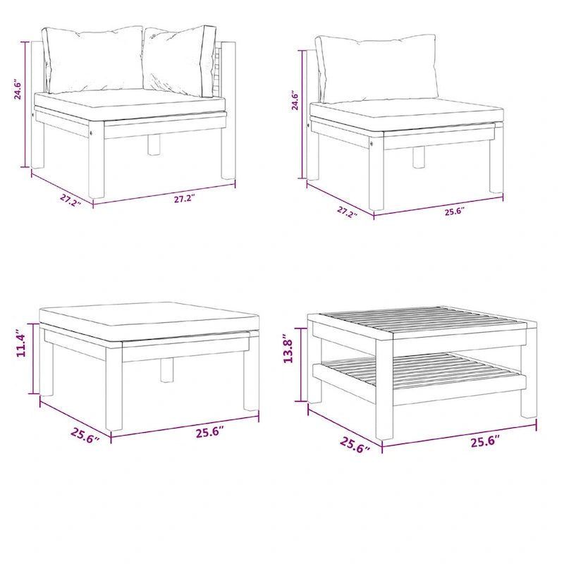 Ensemble de canapé d'extérieur modulable 5 pièces, table basse à lattes, bois d'acacia brun