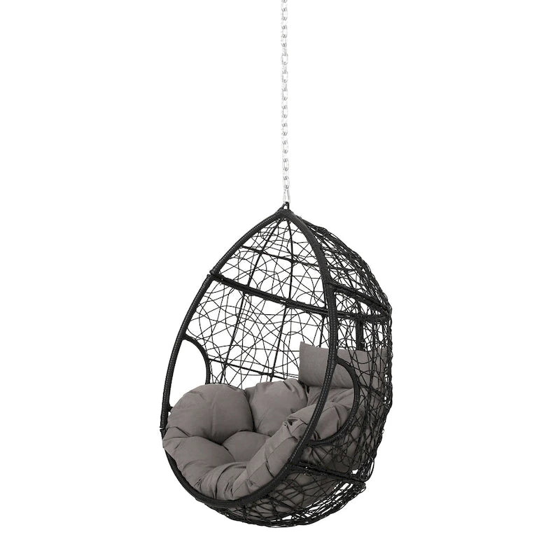 Castic Outdoor Hanging Chair, 46 Inch Rattan Frame, Black Iron, Gray
