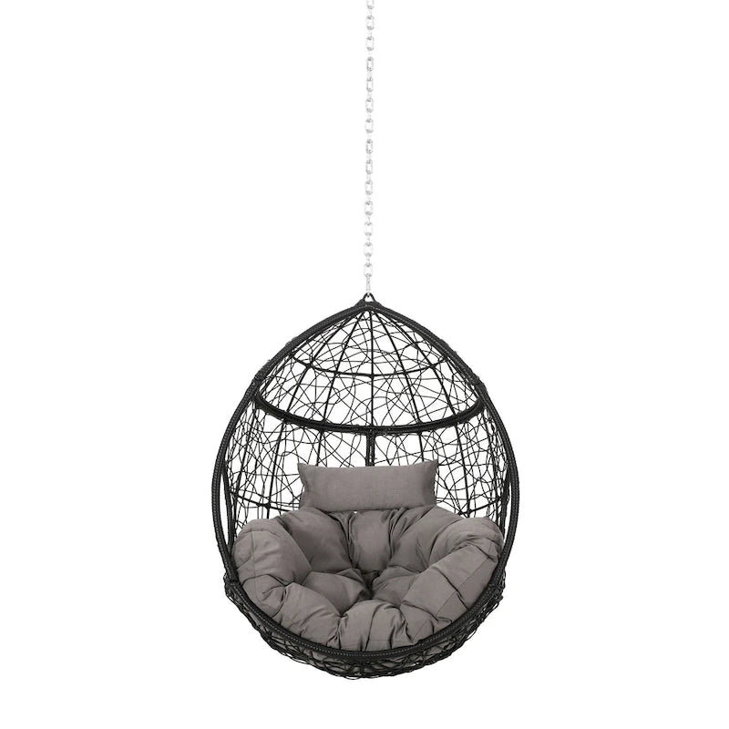 Fauteuil suspendu d'extérieur Castic, structure en rotin de 117 cm, fer noir et gris