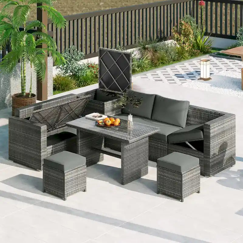 Ensemble de mobilier de jardin 6 pièces, ensemble de conversation pour patio résistant aux intempéries, canapé en rotin avec coffre de rangement et table en verre trempé