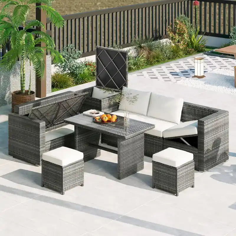 Ensemble de mobilier de jardin 6 pièces, ensemble de conversation pour patio résistant aux intempéries, canapé en rotin avec coffre de rangement et table en verre trempé