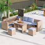 Ensemble de mobilier de jardin 6 pièces, ensemble de conversation pour patio résistant aux intempéries, canapé en rotin avec coffre de rangement et table en verre trempé