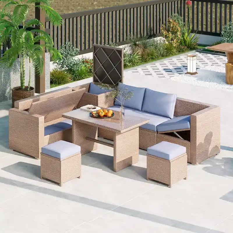 Ensemble de mobilier de jardin 6 pièces, ensemble de conversation pour patio résistant aux intempéries, canapé en rotin avec coffre de rangement et table en verre trempé