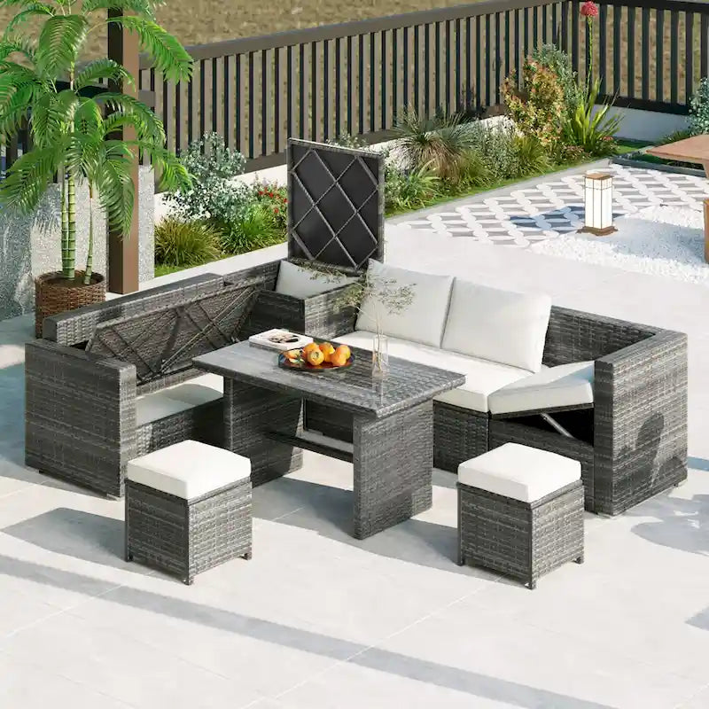 Ensemble de mobilier de jardin 6 pièces, ensemble de conversation pour patio résistant aux intempéries, canapé en rotin avec coffre de rangement et table en verre trempé