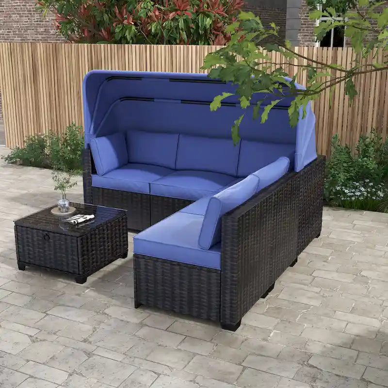 6 Piece Patio Furniture Set, Outdoor Sectional Sofa Set with Canopy and Backrest, Patio Conversation Set with Coffee Table
