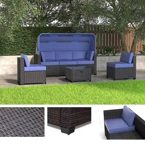Ensemble de mobilier de patio 6 pièces, canapé d'angle d'extérieur avec auvent et dossier, ensemble de conversation de patio avec table basse