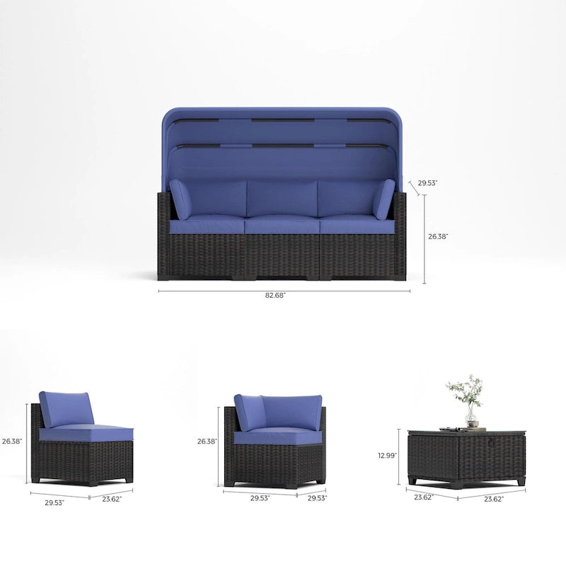 Ensemble de mobilier de patio 6 pièces, canapé d'angle d'extérieur avec auvent et dossier, ensemble de conversation de patio avec table basse