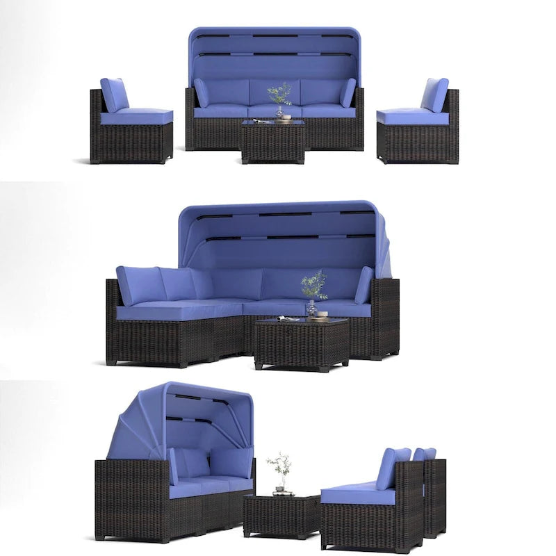 Ensemble de mobilier de patio 6 pièces, canapé d'angle d'extérieur avec auvent et dossier, ensemble de conversation de patio avec table basse