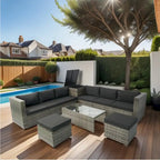 Ensemble de canapé d'angle en L pour patio, 8 pièces, mobilier de jardin en rotin tressé avec un coffre de rangement sous l'assise et une table basse.