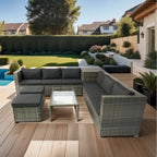 Ensemble de canapé d'angle en L pour patio, 8 pièces, mobilier de jardin en rotin tressé avec un coffre de rangement sous l'assise et une table basse.