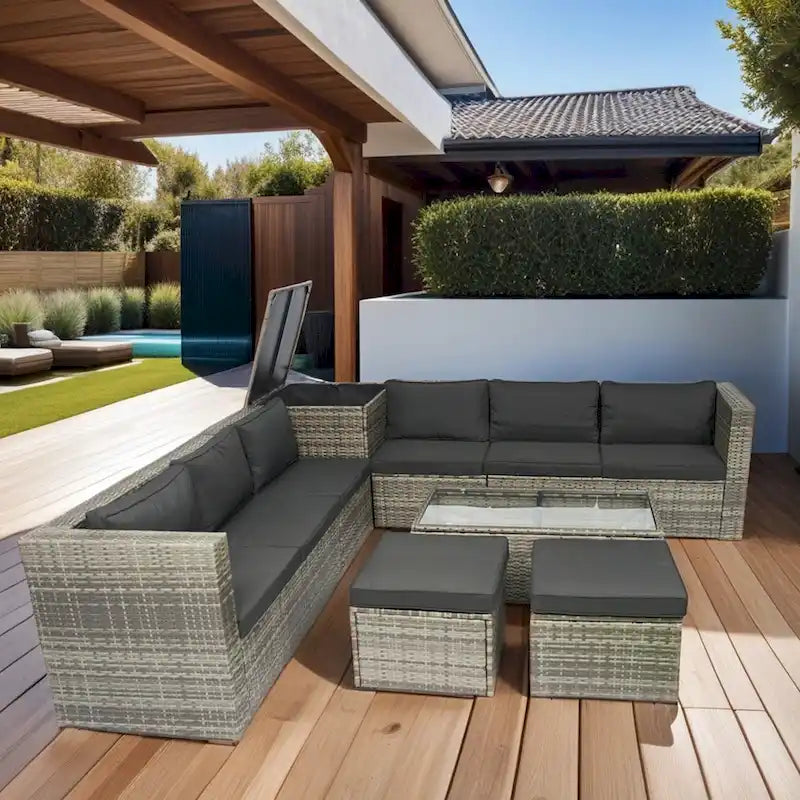 Ensemble de canapé d'angle en L pour patio, 8 pièces, mobilier de jardin en rotin tressé avec un coffre de rangement sous l'assise et une table basse.