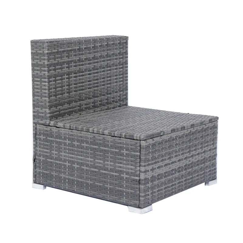 Ensemble de canapé d'angle en L pour patio, 8 pièces, mobilier de jardin en rotin tressé avec un coffre de rangement sous l'assise et une table basse.