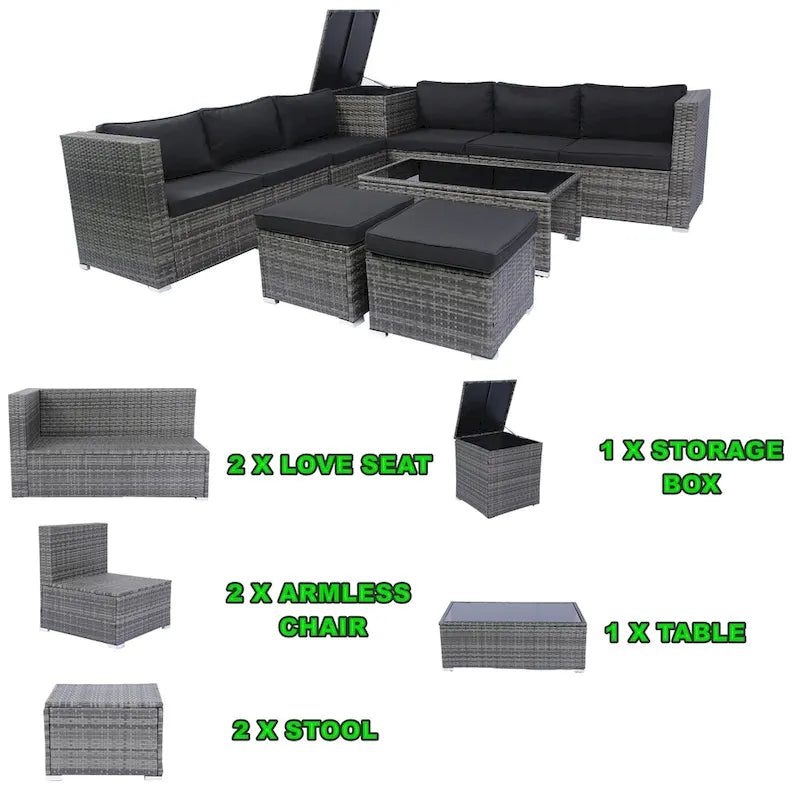 Ensemble de canapé d'angle en L pour patio, 8 pièces, mobilier de jardin en rotin tressé avec un coffre de rangement sous l'assise et une table basse.