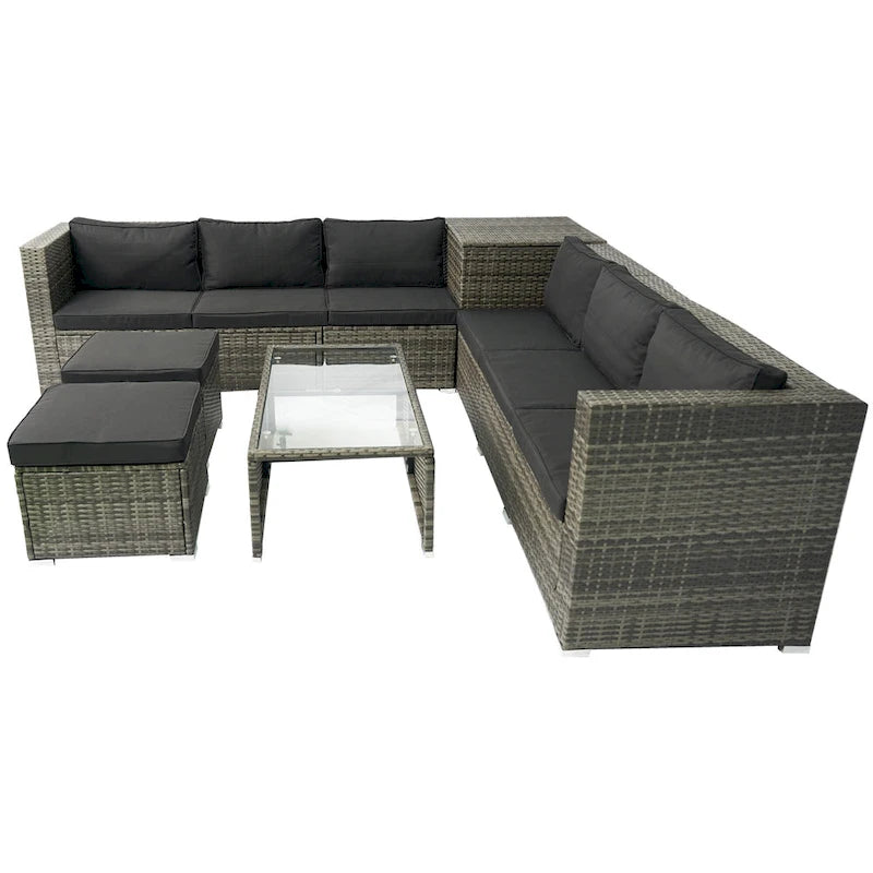 Ensemble de canapé d'angle en L pour patio, 8 pièces, mobilier de jardin en rotin tressé avec un coffre de rangement sous l'assise et une table basse.