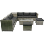 Ensemble de canapé d'angle en L pour patio, 8 pièces, mobilier de jardin en rotin tressé avec un coffre de rangement sous l'assise et une table basse.