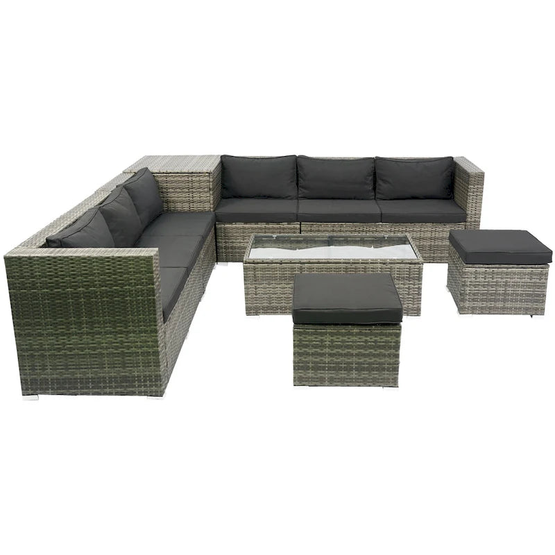 Ensemble de canapé d'angle en L pour patio, 8 pièces, mobilier de jardin en rotin tressé avec un coffre de rangement sous l'assise et une table basse.